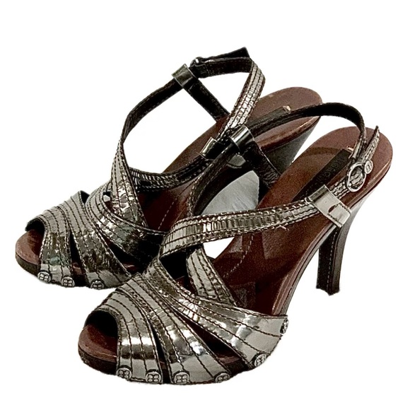 BCBGMaxAzria Leather Gunmetal Metallic Strappy Heels Size 6 Cushioned Platform - Picture 1 of 15